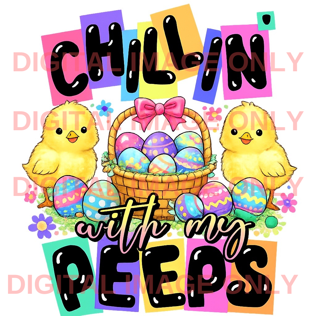 Colorful Easter design with chicks, eggs, and text 'Chillin with my peeps' on a white background.